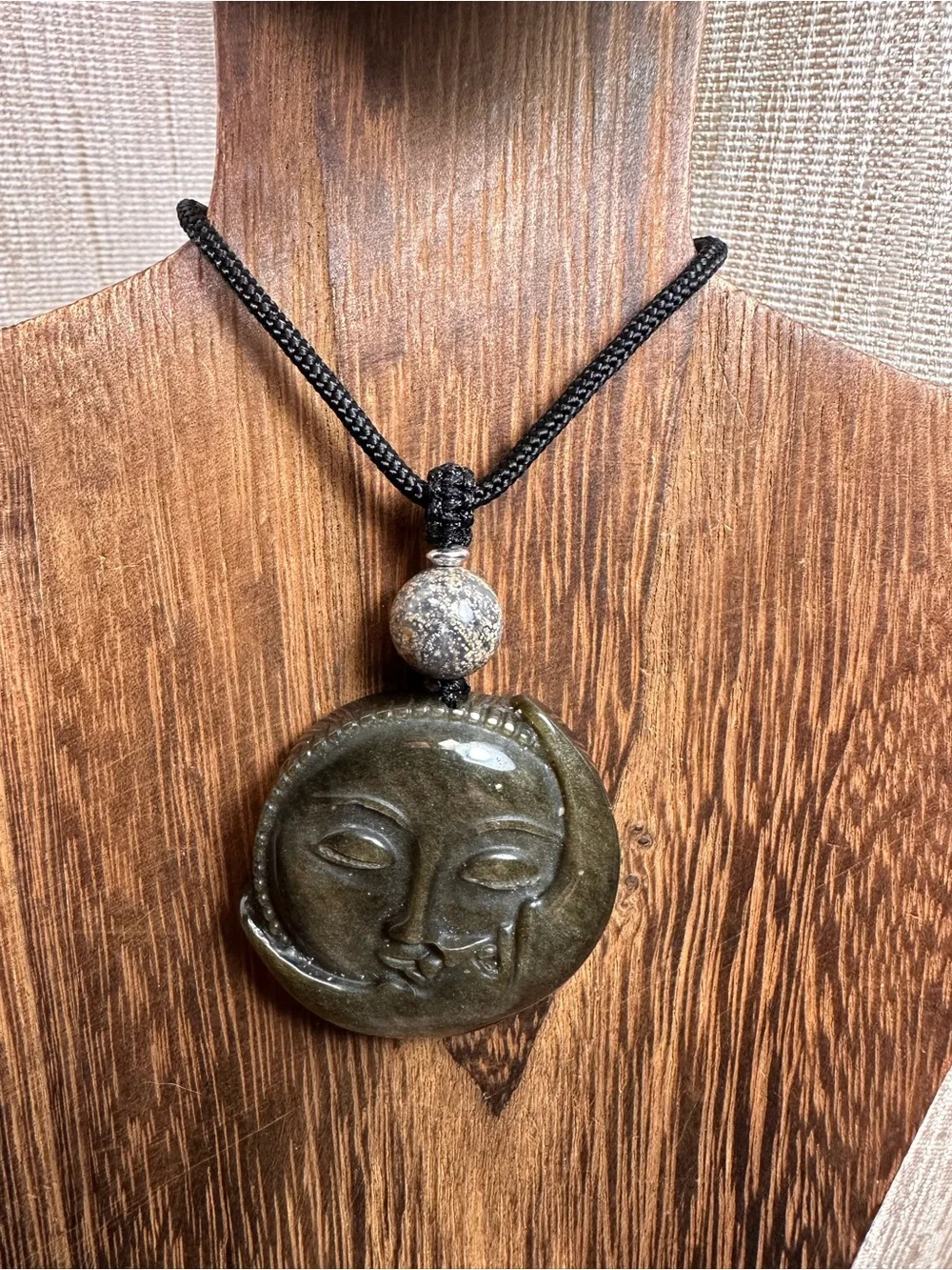 Golden Obsidian Sun Moon Face Pendant on Adjustable Black Rope